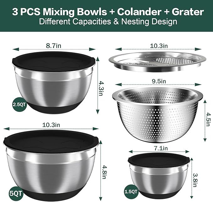 Mixing Bowls with Airtight Lids, Stainless Steel Mixing Bowl Set with 3 Nesting Kitchen Metal Bowls, Colander & Grater, Non-Slip Bottoms, Size 1.5, 2.5, 5 QT, Great for Mixing & Serving, Black