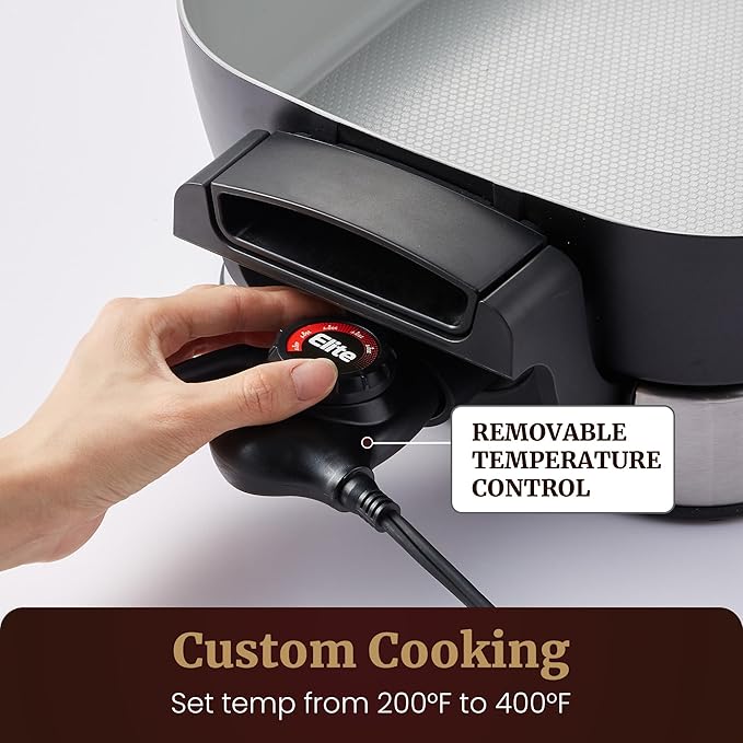 Elite Gourmet Stow-Away Ceramic Electric Skillet, 1500W, Black/Gray | PFAS-Free Ceralast Coating, Rapid Heat-Up, 15"x12"x3" Foldable Design, Dishwasher-Safe Pan & Lid, Large Size