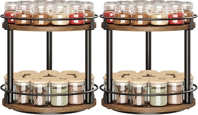 Spice Rack, Set of 2 Lazy Susan Organizer, 2-Tier Turntable Organizer, Rotating Spice Rack Organizer For Cabinet, Compact and Versatile, for Kitchen Countertop, Rustic Brown SR22L2BR