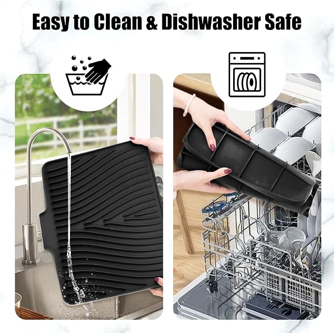 TIKNIK Silicone Dish Drying Mat for Kitchen Counter, Black-2pcs, 16" x 12" | Heat Resistant & Non-Slip Dish Drain Pad with Built-In Drain, Dishwasher Safe, Quick-Dry, Hangable & Roll-Up for Storage