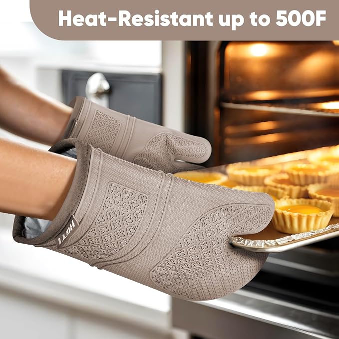 Silicone Oven Mitts, Heat Resistant Oven Gloves with Quilted Liner, Waterproof & Non-Slip Kitchen Mittens for Baking Cooking BBQ, 500°F, 12.5"-Milkshake Beige