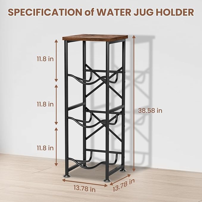 5 Gallon Water Jug Holder, 3-Tier Water Bottle Holder with Wood Top Shelf, Heavy Duty Water Cooler Jug Rack, Water Dispenser Storage Stand for Office and Living Room