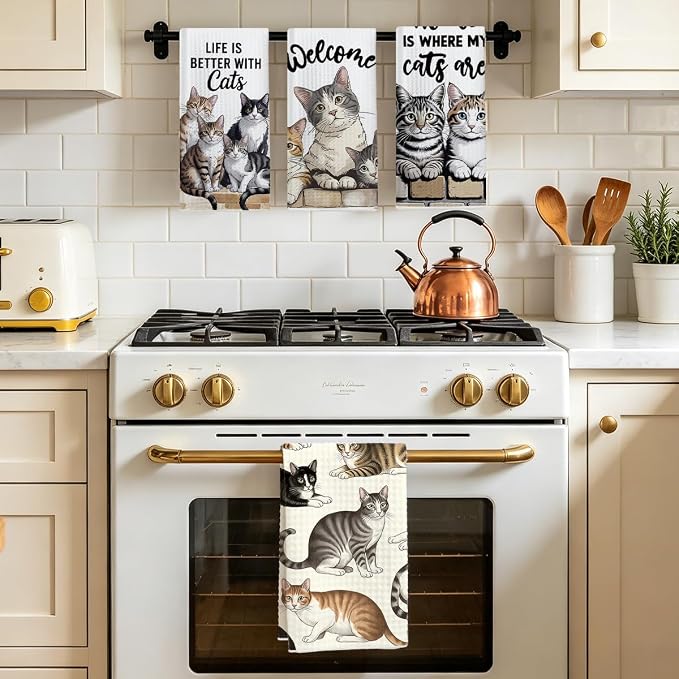 4 Pcs Cute Cat Kitchen Towels 24x14 Inch, Cats Gifts Absorbent Hand Towels | Cat Lover Gifts for Women Mom Microfiber Dish Cloths for Drying Dishes, Waffle Dish Towels for Kitchen Home Decor