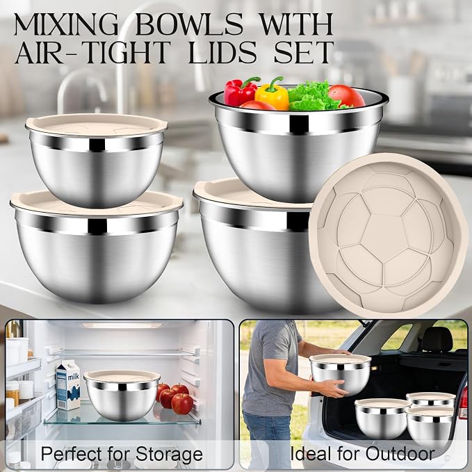DUTZUN Stainles Steel Mixing Bowls with Lids Set, Stackable Metal Mixing & Serving Bowl with Strainer, 5-Piece - Beige
