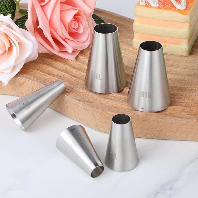 5PCS Large Piping Tips for Cake Decorating Round Hole Piping Tips Set Cupcake Frosting Nozzles Stainless Steel Professional Baking Decoration Tools for Cake Cookies Pastry Fondant Cream Bag Filler