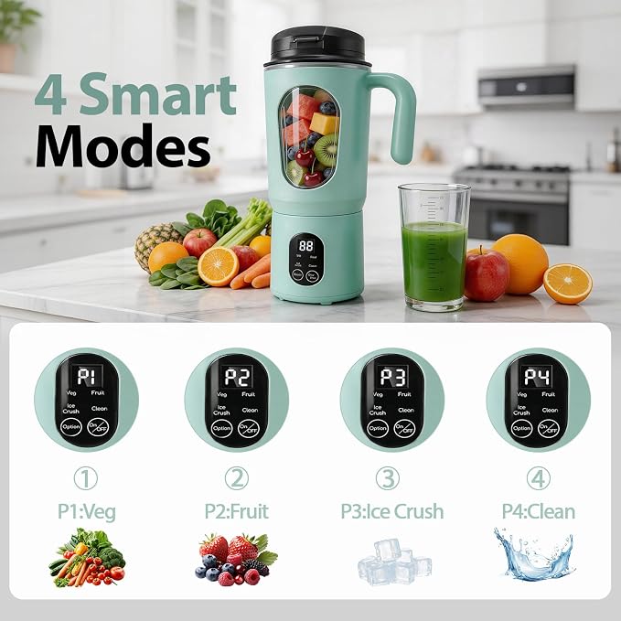 Personal Blender for Smoothies, 580ML USB-C Rechargeable | Portable Blender Cup, 12-Blade Smoothie Maker with Travel Lid, Handle & LED Display for Gym, Office, Travel and Outdoor