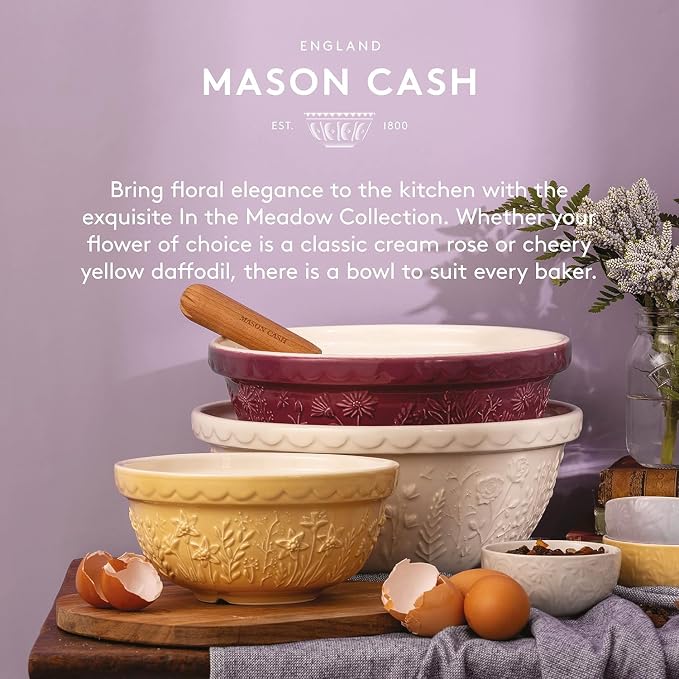 Mason Cash In the Meadow S24 Mixing Bowl, 2.15 Quart Mixing Bowl, Embossed Floral Tulip Design, Durable Ceramic Bowl for Baking Bread Dough, Cake Batter, Cookies & Kitchen Serving Bowl