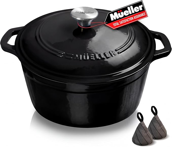 MUELLER HOME 6 Quart Enameled Cast Iron Pot Dutch Oven, Heavy-Duty | Oven-Safe to 500°F & Across All Cooktops, Casserole Dishes for Ovens, Bread Pan with Lid & Knob, Cast Iron Cookware, Black