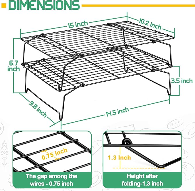 P&P CHEF Cooling Rack Set of 2, 2-Tier 15" x 10" Stackable Rack, Black | Stainless Steel Stackable Wire Cooling Racks for Baking Cooking Roasting, Collapsible & Heavy Duty, Oven Safe & Easy Clean