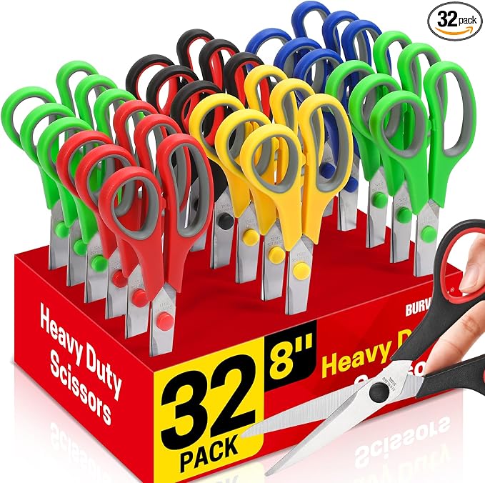 BURVAGY 32 Pack 8" Scissors All Purpose, Heavy Duty Scissors for Office | Scissors Bulk Multipurpose Comfort-Grip Sharp Adult Office Scissors Set Sewing Fabric Stainless Steel Blades, Right/Left Hand