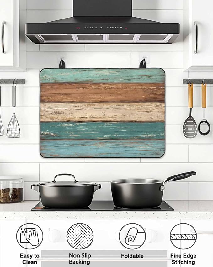 Stove Top Covers for Electric Stove 36x21 Inches,Turquoise Brown Retro HeatResistant Glass Cooktop Protector,Vintage Farmhouse Wood Grain Ceramic Stovetop Countertop Covers Mat,Distressed Oven Cover