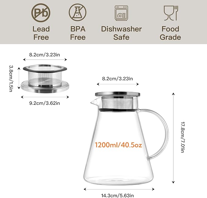 CNGLASS 40oz/1200ml Glass Teapot Stovetop Safe,One-Touch Clear Tea Kettle,Blooming and Loose Leaf Tea Maker