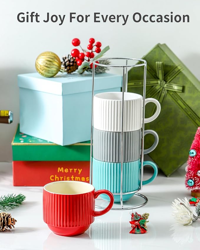 HASENSE Ceramic Coffee Mug Set of 4 with Rack - 15 oz Stacking Ribbed Latte Cups Set for Cappuccino, Tea, Hot Cocoa, Drinks - Wedding & Housewarming Gifts Assorted Colors