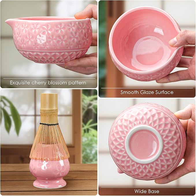 7Pcs Matcha Whisk Set, Matcha Set Whisk and Bowl,Bamboo Scoop, Scoop Rest, Sifter and Tea Towel, Matcha Kit W/Carved Cherry Blossm Pattern for Matcha Lovers (Sakura Pink) | Bamboo Scoop, Scoop Rest, Sifter and Tea Towel, Matcha Kit W/Carved Cherry Blos...