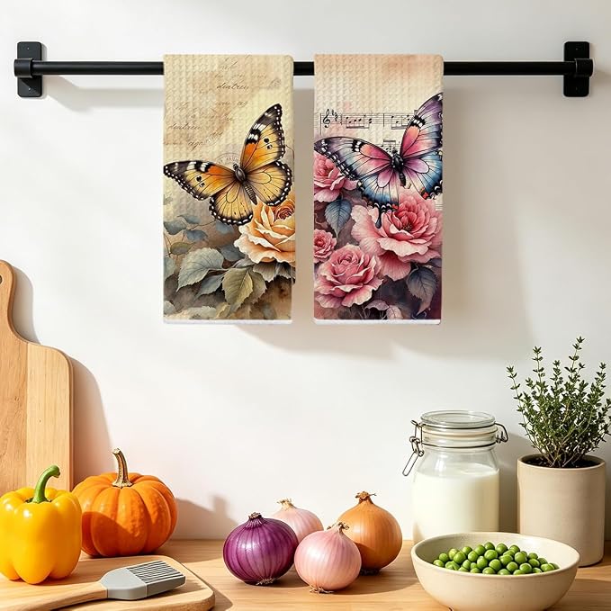 2 Pcs Vintage Butterfly Kitchen Towels, Flower Soft Absorbent Hand Towels | Butterfly Microfiber Dish Cloths for Dishes, Waffle Dish Towels for Kitchen Bathroom Decor, Housewarming Gifts for Women