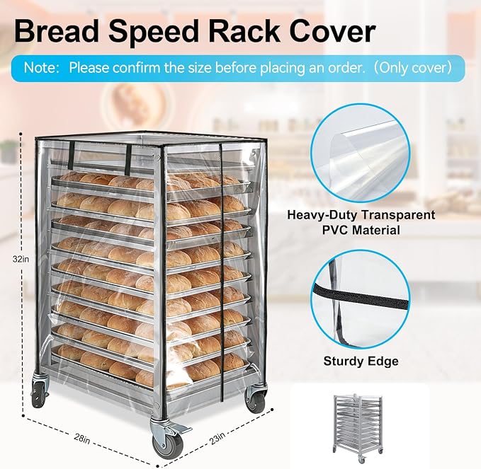 Bun Pan Sheet Rack Cover,Bread Speed Rack Cover with Zipper,Commercial Bakery Racks, 23"x28"x32"Clear PVC Waterproof Dustproof Bread rack Cover with Breathable Mesh Vent (10-Tier TPU)