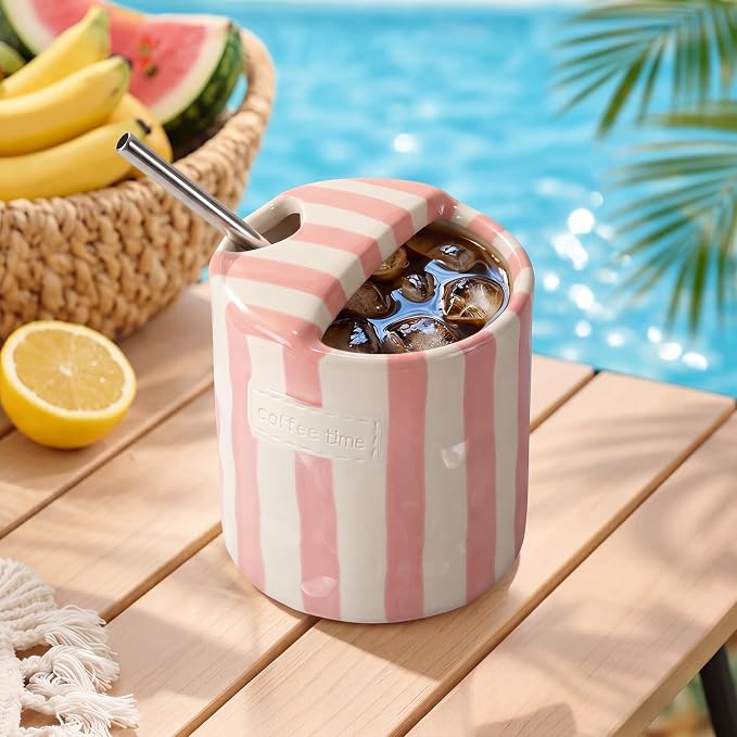 1 Pack Ceramic Mug with Sip Hole, Simple, Pink | 10oz Ceramic Coffee Cup with Straws, Retro Hand Painted Striped, for Iced Coffee Tea Latte Espresso, Kitchen Dining Travel