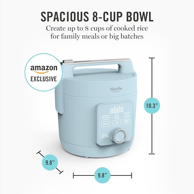 Martha Stewart 8 Cup Cooked (4 Cup Uncooked) Rice Cooker & Steamer, Blue | PFAS-Free Ceramic Nonstick Removable Pot, 9 Modes, Keep Warm, Steamer, White & Brown Rice, Quinoa, Grains, Oats, Easy Clean