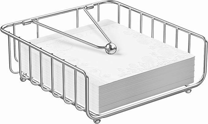 Napkin Holder for Table with Weighted Arm, Dinner Metal Flat Napkin Holders for Paper Napkins, Outdoor Napkin Dispenser Restaurant (Silver)