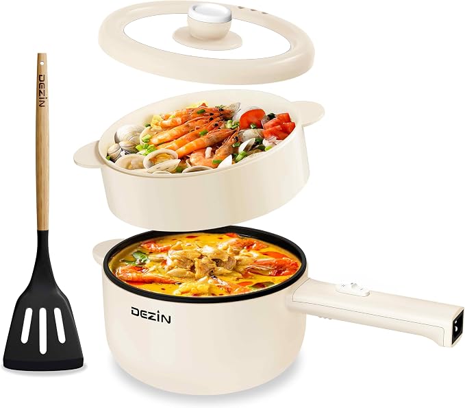 Dezin 2L Hot Pot Electric, Non-Stick Electric Pan, 700W Adjustable Power | Electric Pot for Cooking/Steak/Egg/Fried Rice/Ramen/Soup, Portable Pot for Dorm/RV/Family/Travel/Camping, Include Spatula