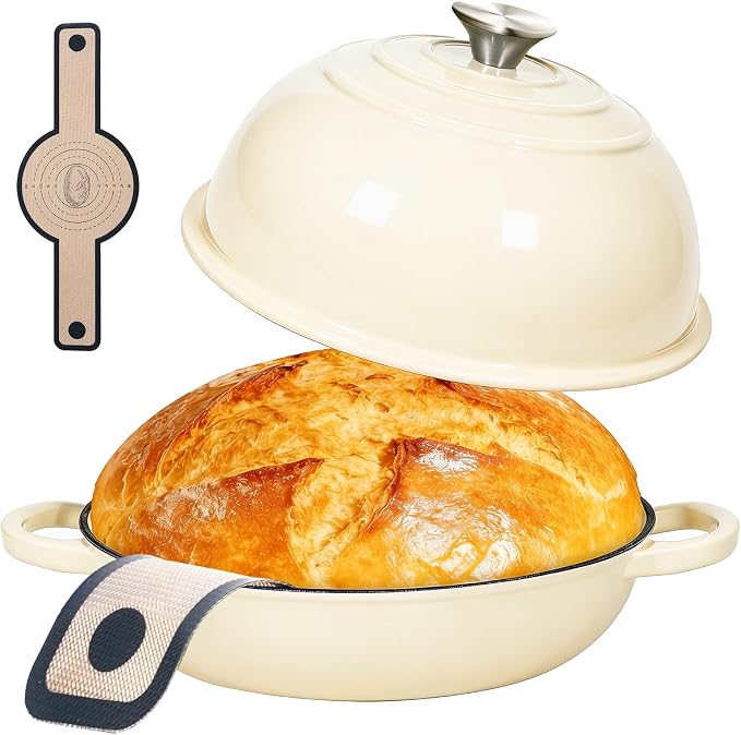 6QT Enameled Cast Iron Dutch Oven For Sourdough Bread Baking | Dutch Oven Pot With Lid,Non-stick Sourdough Baking Pan with Bread Dome,Round Ceramic Dutch Oven Pot for Homemade
