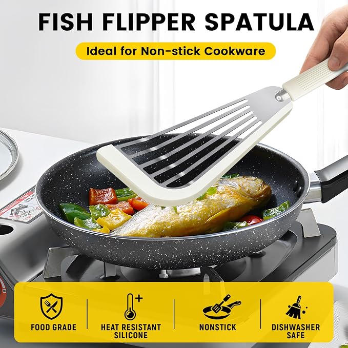 Silicone Fish Spatula, Heat Resistant Silicone Edge for Nonstick Cookware, Fish Turner for Kitchen Use, Flexible and Thin Stainless Steel Cooking utensils, 12.2 * 3.42 Inch, White