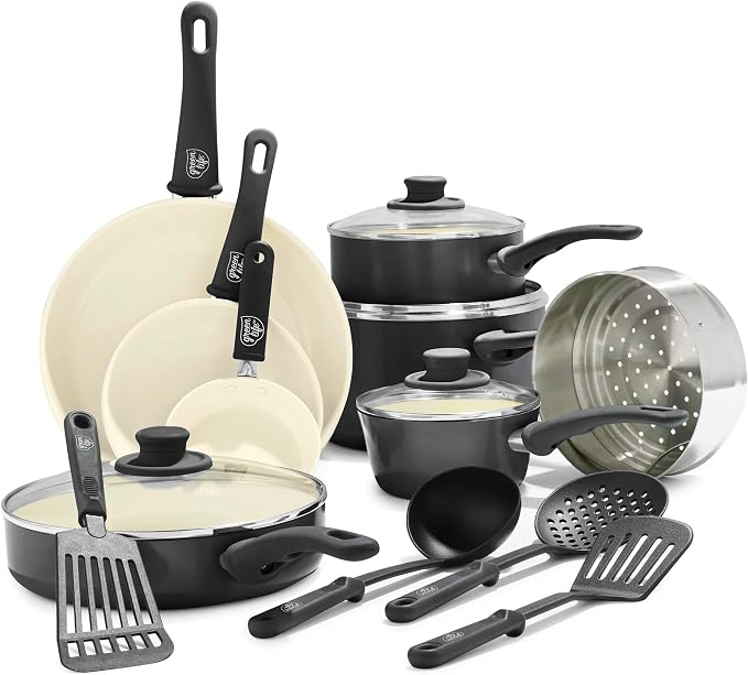 GreenLife 16 Piece Ceramic Nonstick Pots & Pans Cookware Set, Black & Cream | PFAS-Free Nonstick Coating, Stockpot, Frying Pans, Saucepans, Sauté Pan, Stay-Cool Handles, Dishwasher & Oven Safe up to 350F
