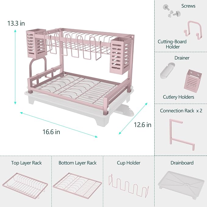 Dish Drying Rack, Rust-Proof 2 Tier Dish Racks for Kitchen Counter | Large Dish Drying Rack with Drainboard & Utensil Holders, Dish Drainers,Kitchen Organization