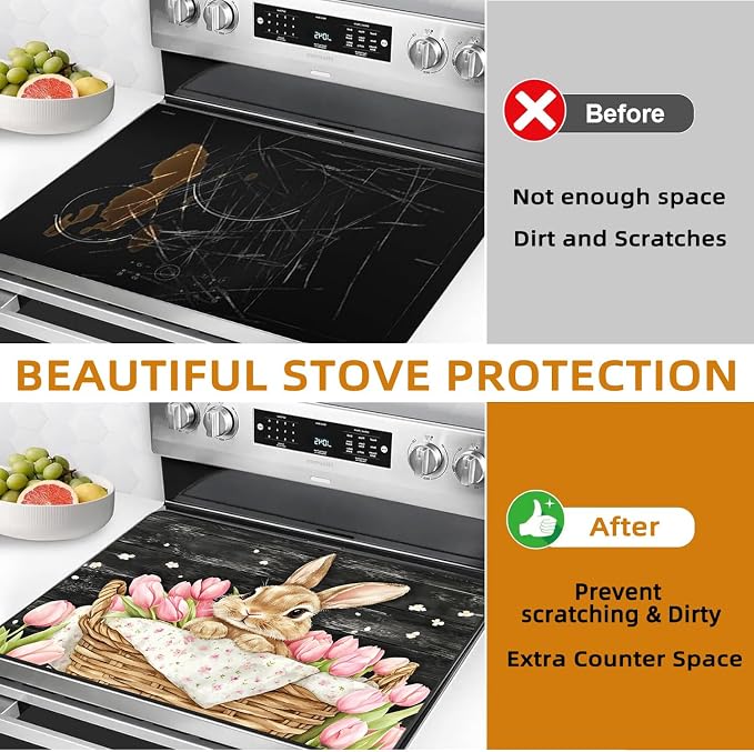 Easter Bunny Electric Stove Top Cover Protector,Rustic Flower Basket Stove Top Covers for Gas Burners,Pink Tulips Cooktop Mat for Ceramic Glass Cooktop Protector,Glass Top Stove Cover
