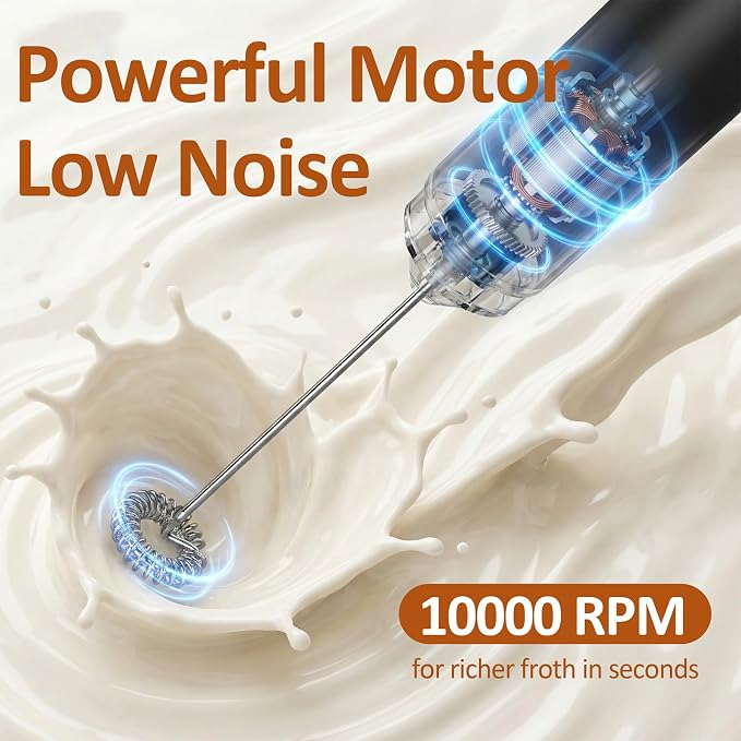 Rechargeable Milk Frother Handheld Electric Coffee Drink Mixer Wand with Stainless Steel Whisk and Portable Case for Cappuccino, Latte, Matcha, Hot Chocolate Black