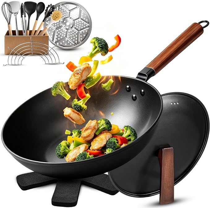 AOSION 13'' Carbon Steel Wok, 12 Piece Wok Pan & Stir-Fry Pans Set with Lid | No Chemical Coated Flat Bottom Chinese Wok Pan