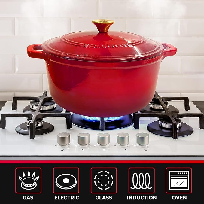 MUELLER HOME 7.5 QT Enameled Cast Iron Dutch Oven, Heavy-Duty Casserole Dish and Braiser Pan with Lid and Stainless Knob, Oven-Safe up to 500° F & Across All Cooktops, Red | Heavy-Duty Casserole Dish and Braiser Pan, Lid with Stainless Knob, Oven-Safe ...