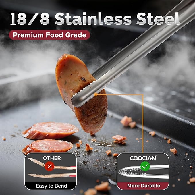 Precise Serrated Non-Slip Tips Cooking Tongs (9.5" & 11.5" & 13.5") | Durable 18/8 Stainless Steel Metal Tweezers Tongs, Lightweight Easy Control for Frying, Plating, BBQ, Easy to Care & Clean