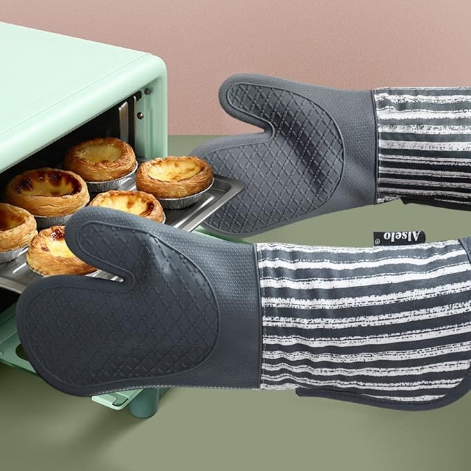 Alselo Silicone Oven Mitts Heat Resistant 932℉ with Waterproof & Non-Slip | Kitchen Mittens Set of 2,Extra Long 7.5"x15" Oven Gloves with Soft Cotton Terry Lining for Baking Cooking BBQ(Grey,2)