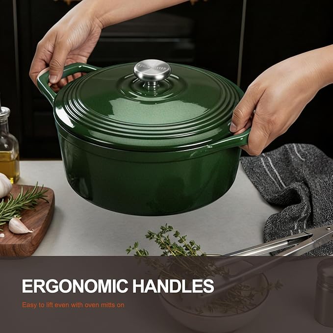 Overmont Enameled Cast Iron Dutch Oven - 5.5QT Pot with Lid Cookbook & Cotton Potholders - Heavy-Duty Cookware for Braising, Stews, Roasting, Bread Baking Bamboo Shadow