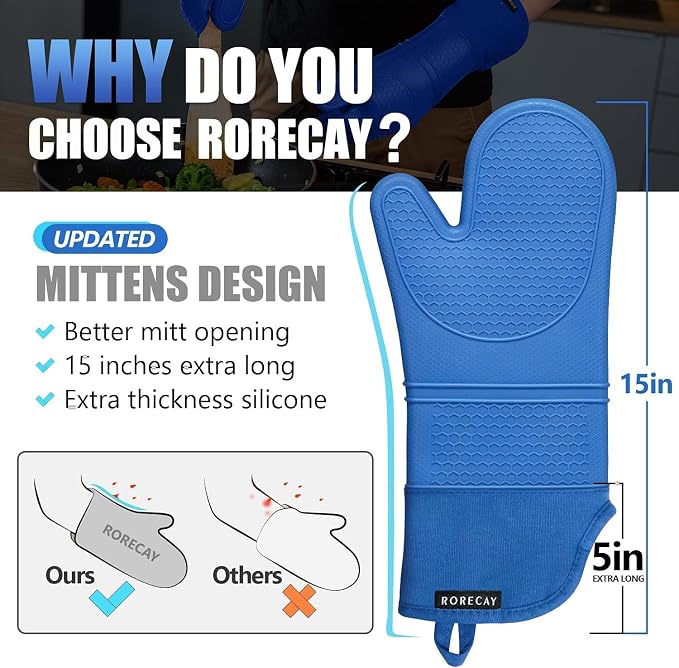 RORECAY Silicone Oven Mitts and Pot Holders Sets, Gloves for Kitchen, Blue | Set of 6 Kitchen Mitts for Baking & Cooking, Heat Resistant 500 ℉, 15" Extra Long, Non-Slip & Waterproof, Quilted Cotton