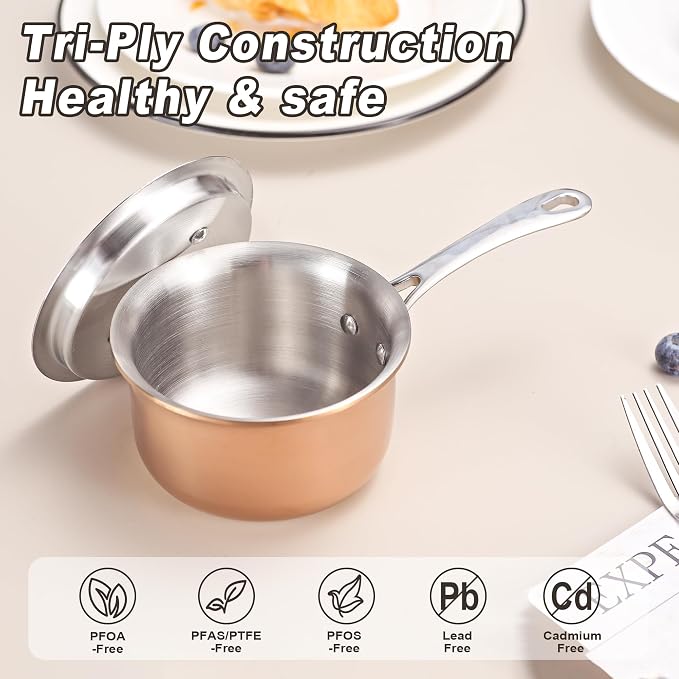 Mini Sauce Pan with Lid, Tri-Ply Stainless Steel Pot with Stay-Cool Handle & All Cooktop Compatibility (Gas, Ceramic, Electric) - Copper