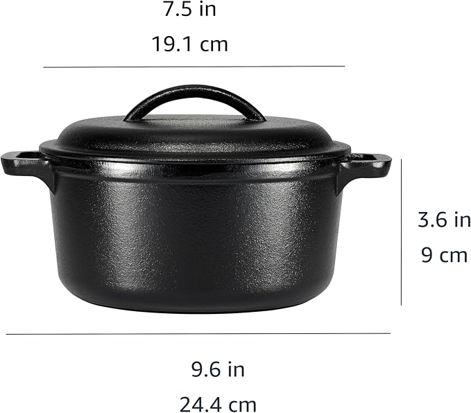 Amazon Basics Pre-Seasoned Cast Iron Mini Dutch Oven Pot with Lid and Dual Handles, Oven Safe, 2-Quart, Round, Black