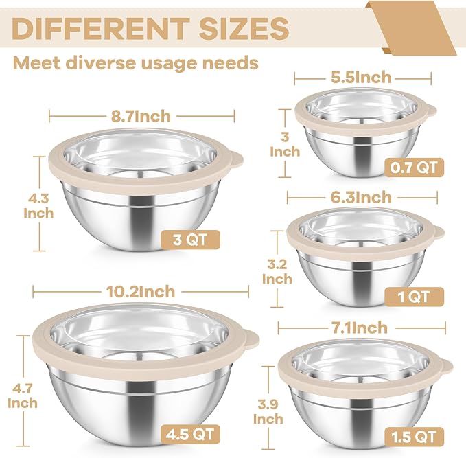 TeamFar Mixing Bowls Set, 4.5/3/1.5/1/0.7 QT Salad Bowl with Lids, Khaki | Stainless Steel Nesting Bowls with Visible Airtight Lids, For Serving/ Mixing/ Storing, Non-Toxic & Dishwasher Safe, Set of 5