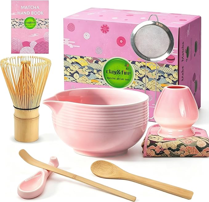 Clay&Fire Matcha Whisk set, 9 pcs Handcrafted Matcha Set for Beginner | Matcha Bowl with Spout and Whisk, Matcha Tea Kit for Matcha Lovers, Ideal Gift for Friend (Light pink)