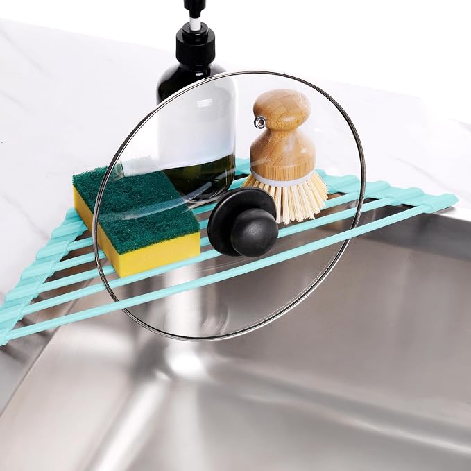Tomorotec Roll Up Dish Drying Rack with Silicone Coating, Mint Green | 304 Stainless Steel with BPA-Free Silicone, Triangle Design Maximizes Sink Corner Space, Fits Compact Kitchens And RVs