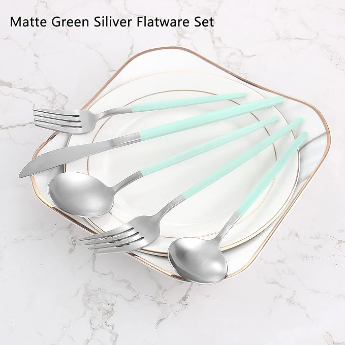 VANVRO Matte Green Silver Silverware Set, 20-Piece Stainless Steel Flatware Set, Satin Finish tableware Cutlery Set, Service for 4, Home and Restaurant, Dishwasher Safe