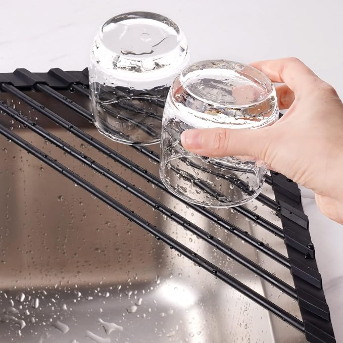 Tomorotec Triangle Roll Up Dish Drying Rack with Silicone Coating, Black | 304 Stainless Steel with BPA-Free Silicone, Triangle Design Maximizes Sink Corner Space, Fits Compact Kitchens And RVs