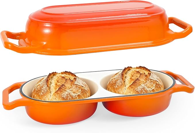 Double Dutch Oven Bread Baker, Enameled Cast Iron 2-in-1 Dual Chamber Sourdough Baker with Lid, Bake 2 Mini Loaves at Once, 500°F Oven Safe, Even Heat, Nonstick Interior for Artisan Bread