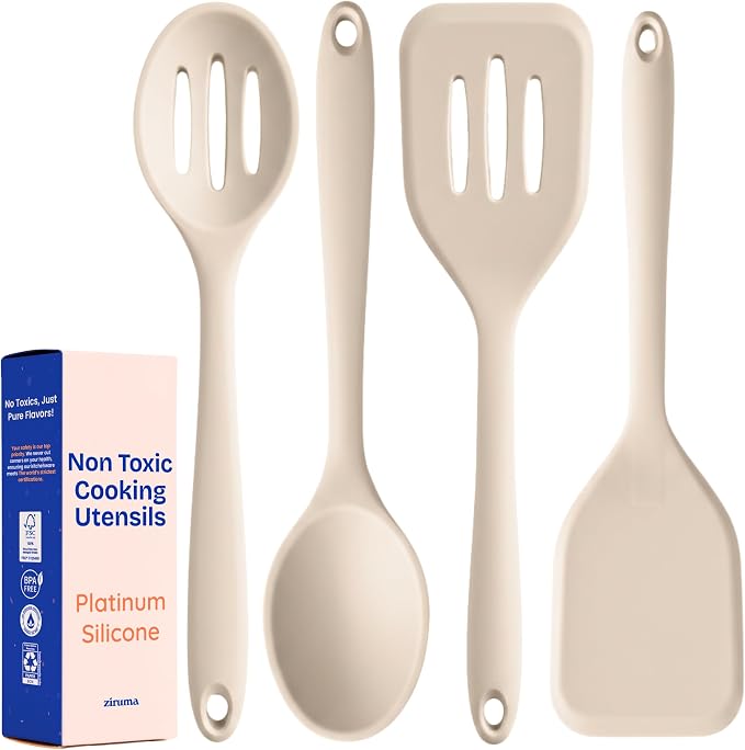 NonToxic Platinum Silicone Utensils, 100% Plastic-Free, 4-Pcs, Beige | LFGB-certified platinum silicone. Solid steel core, no hidden plastics. 500°F heat resistant. Non-scratch. Dishwasher safe