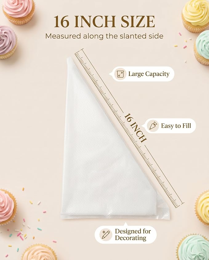 100 Pcs 16 Inch Piping Bags Disposable, Extra Large Thickened Anti-Burst Pastry Bags for Thick Icing & Macarons, Non-Slip Cake Decorating Bags for Baking - Food Grade & BPA Free