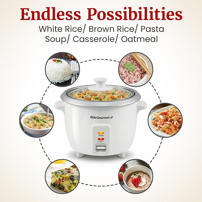Elite Gourmet ERC-003X Rice Cooker, Keep Warm, White, 6 Cups Cooked | 3 Cups Uncooked - Also Makes Soups, Stews, Grains and Hot Cereals for Versatile One-Pot Meals