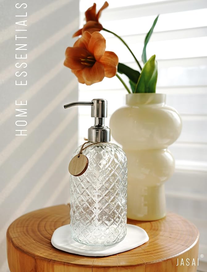 JASAI 18Oz Gem Patterned Clear Glass Soap Dispenser with Rust Proof Pump | Refillable Hand soap Dispenser for Kitchen, Premium Bathroom Soap Dispenser for Dish Soap, Hand soap, Lotion(Clear)