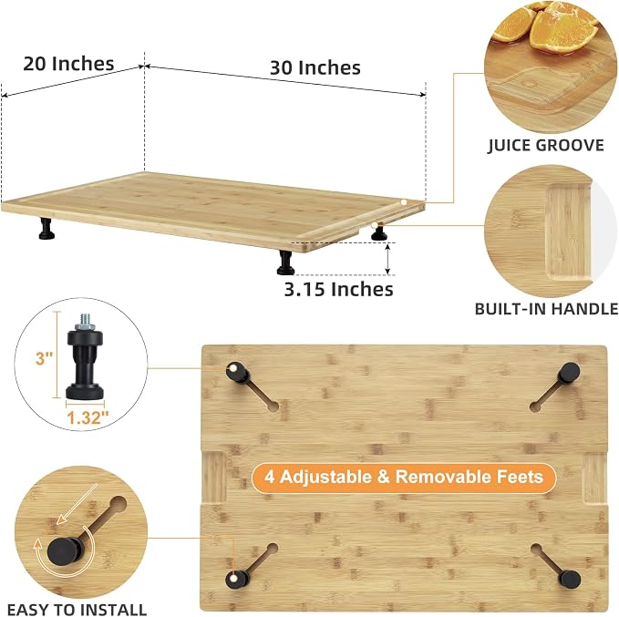 Bamboo Cutting Board, 30"x20" Extra Large Noodle Board with 4 Removable Feet, Juice Groove, Wooden Stove Top Covers for Electric Stove, Gas Burners, Counter Space