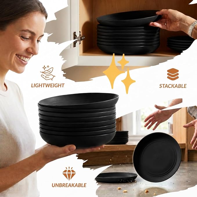 Wheat Straw Plates Sets 8 PCS Unbreakable Plastic Plates for Party, Camping, Picnic, Stackable Deep Dinner Plates Set Microwave & Dishwasher Safe Kitchen Plates for Dessert (Black, 9 inch)